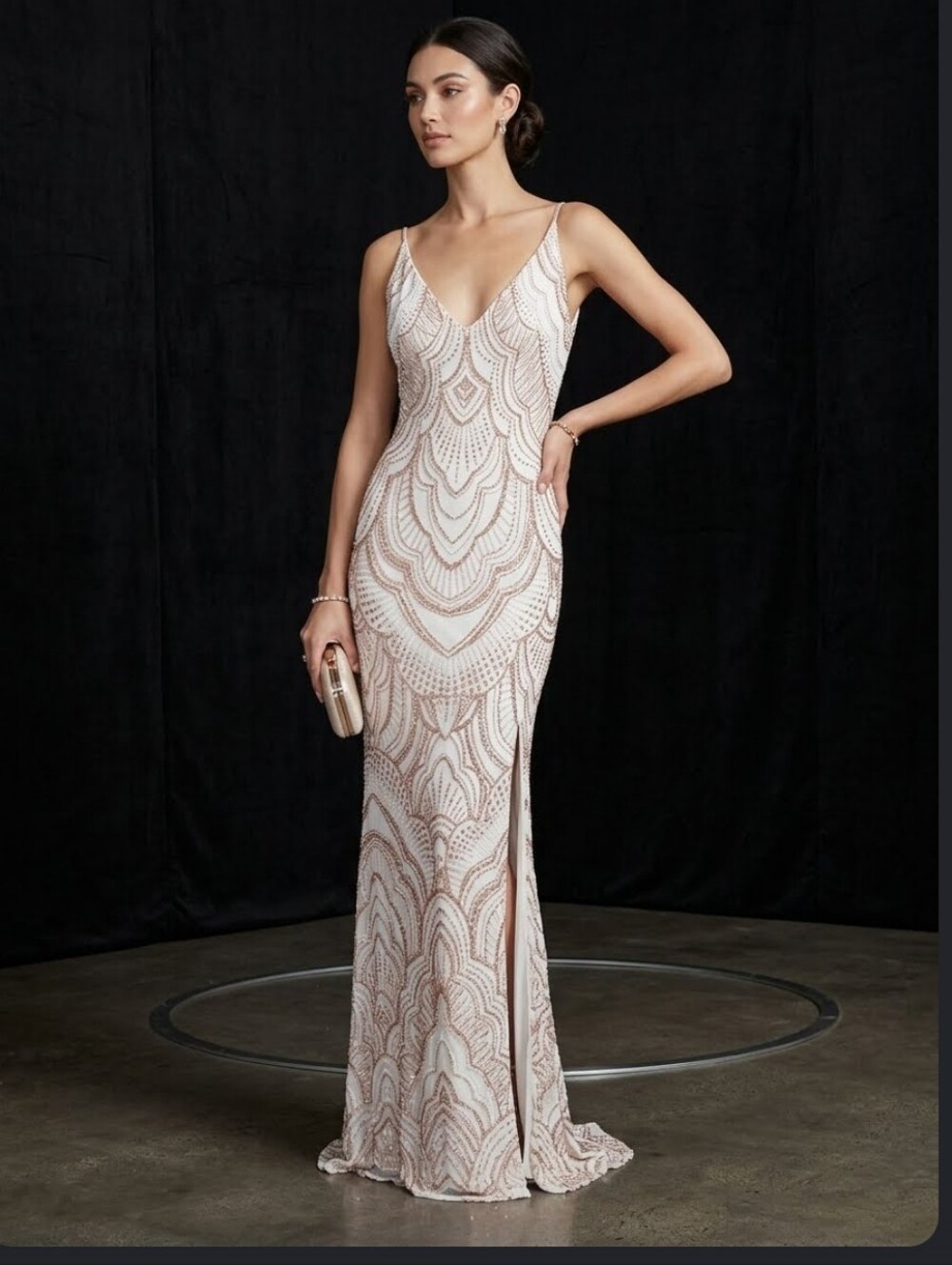 Elegant White and Pink Beaded Patterned Dress